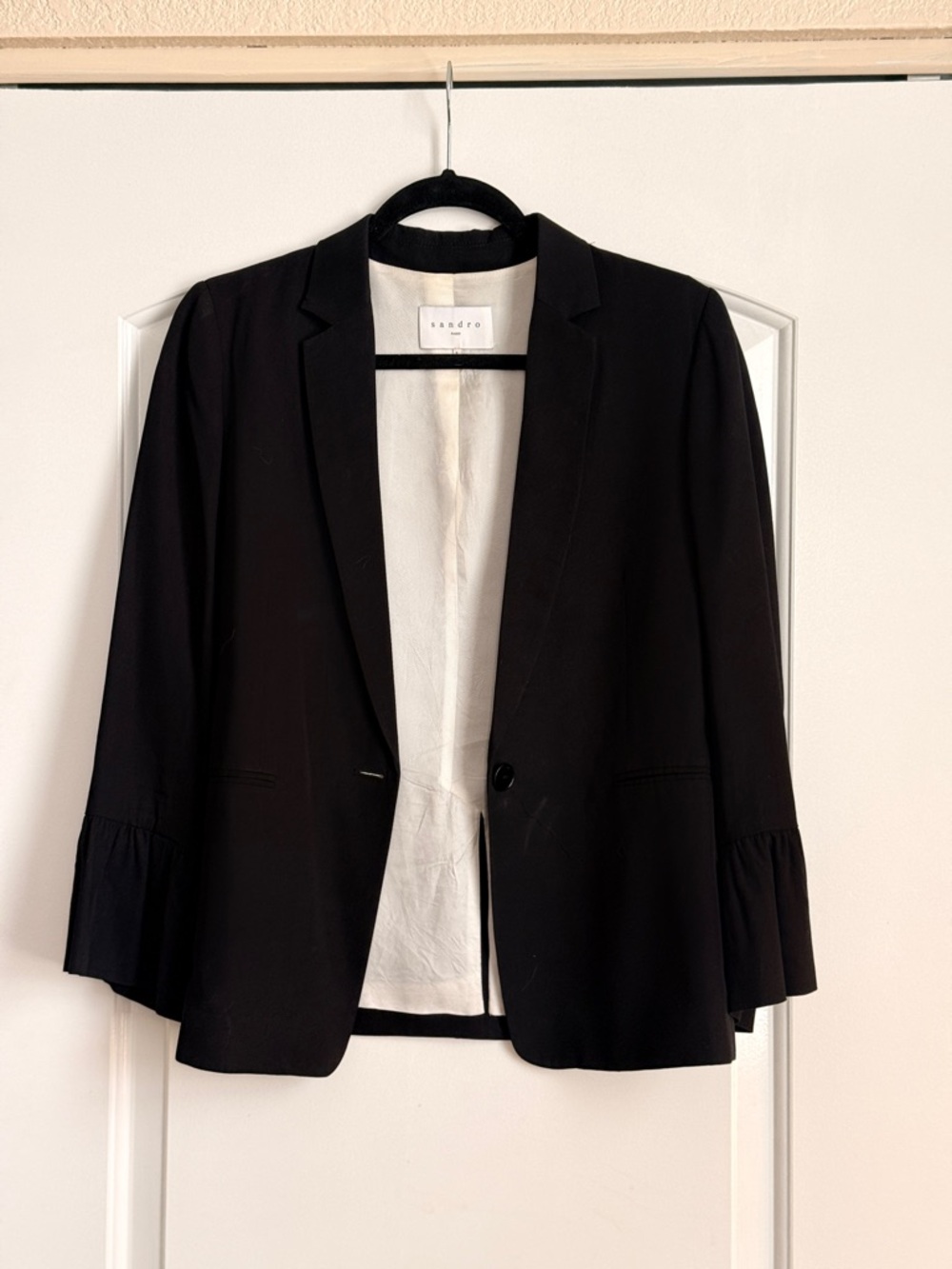 Sandro Black Blazer with Ruffle Cuff Sleeves